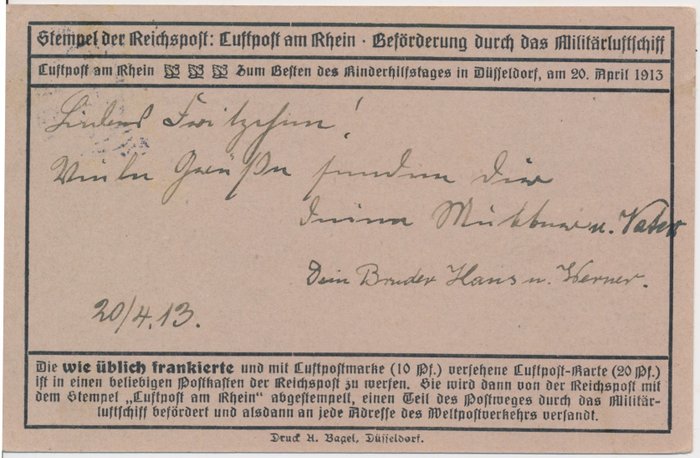 Det tyske kejserrige - Halvofficielle luftfartsfrimærker 1913 - Flystempel Zeppelin Flight Days Düsseldorf 10 Pfennig koboltblå på luftpostkort - Michel Nr 9