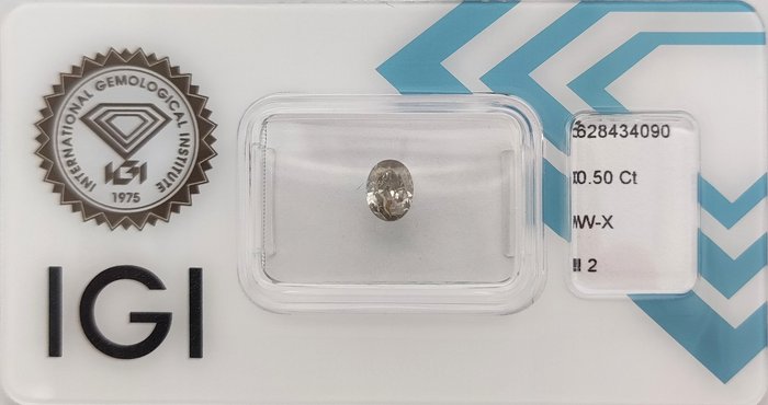 Ingen mindstepris - 1 pcs Diamant  (Natur)  - 0.50 ct - Oval - I2 - International Gemological Institute (IGI)