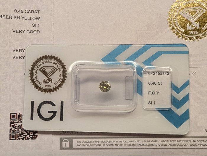 Ingen mindstepris - 1 pcs Diamant  (Naturfarvet)  - 046 ct - Rund - Fancy Grønlig Gul - SI1 - International Gemological Institute (IGI)