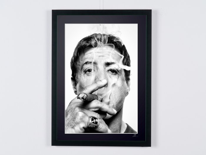 Sylvester Stallone (with cigar) - Fine Art Photography - Luxury Wooden Framed 70X50 cm - Limited Edition Nr 08 of 20 - Serial ID 16779 - Original Certificate (COA), Hologram Logo Editor and QR Code - 100% New items.