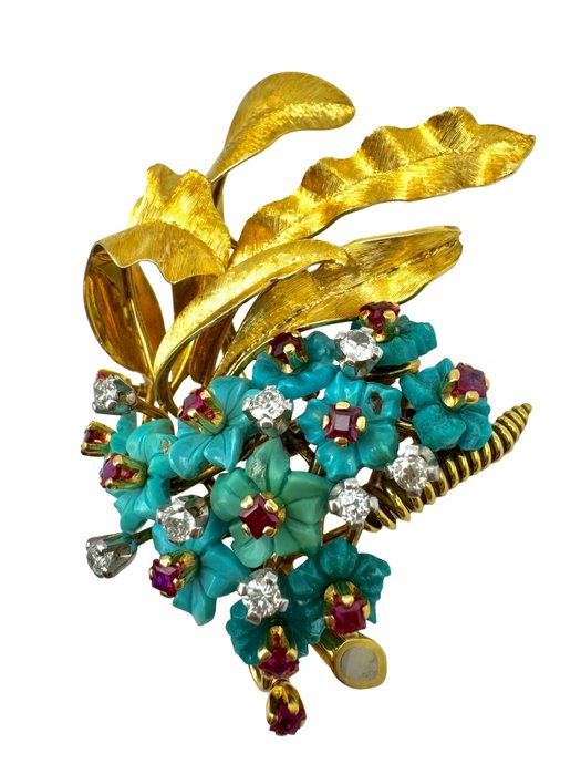 Broche - 18 kraat Gulguld, Fantastisk vintage 18K guld, diamanter og rubiner broche 28 gram Diamant (Natur)  - Rubin