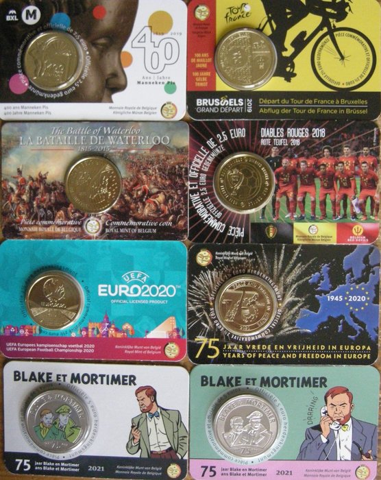 Belgien 25 Euro / 5 Euro 2015/2021 (8 coincards) Waaronder 5 Euro Blake en Mortimer in kleur en normaal  (Ingen mindstepris)