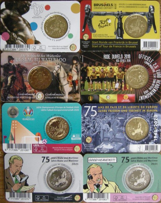 Belgien 25 Euro / 5 Euro 2015/2021 (8 coincards) Waaronder 5 Euro Blake en Mortimer in kleur en normaal  (Ingen mindstepris)