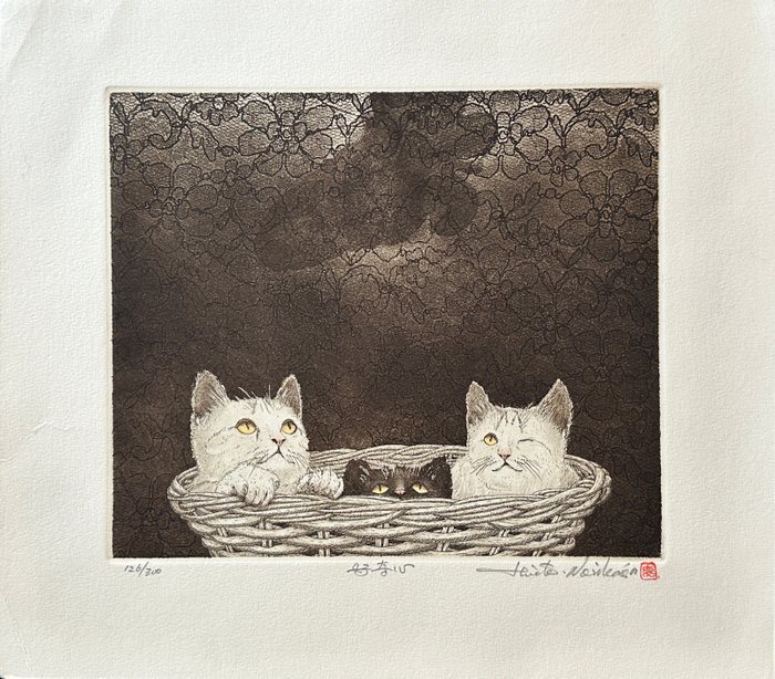 Cats Series: "Curiosity"  (好奇心) - beautiful scene / Large Size / Limited / sold-out - Norikane Hiroto 乗兼広人 (b 1949) - Japan