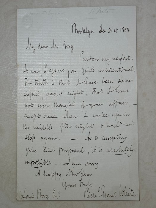 Richard Grant White (1822–1885) literary musical critic, Shakespearean scholar - Autograph signed letter to Louis Borg, the Chancellor of the French Consulate - 1858