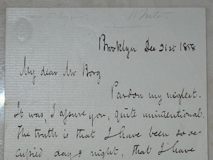 Richard Grant White (1822–1885) literary musical critic, Shakespearean scholar - Autograph signed letter to Louis Borg, the Chancellor of the French Consulate - 1858