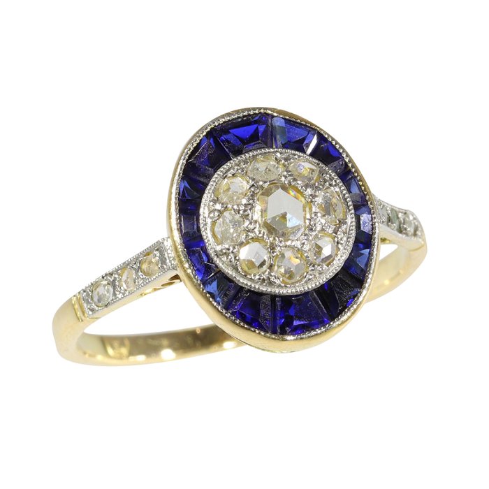 Ingen mindstepris - Ring - 18 kraat Gulguld - Safir - Diamant - Art Deco fra 1920'erne