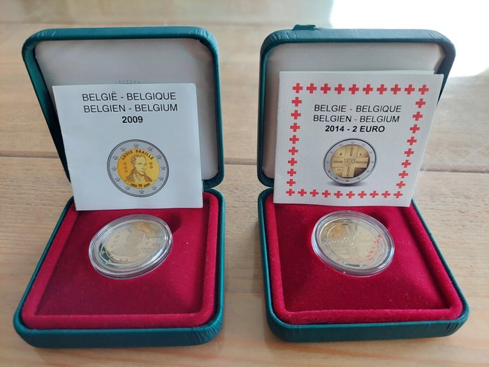 Belgien 2 Euro 2009/2014 "Louis Braille" + "Croix Rouge" (2 stuks) Proof  (Ingen mindstepris)