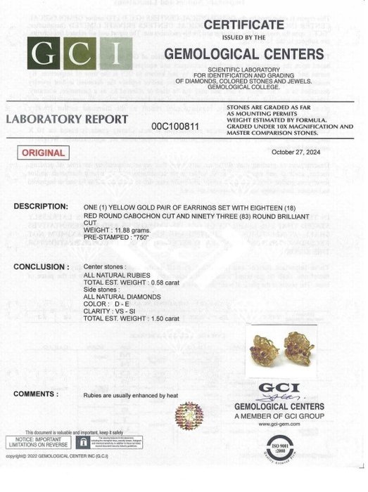 Øreringe - 18 kraat Gulguld -  2.08ct. tw. Rubin - Diamant