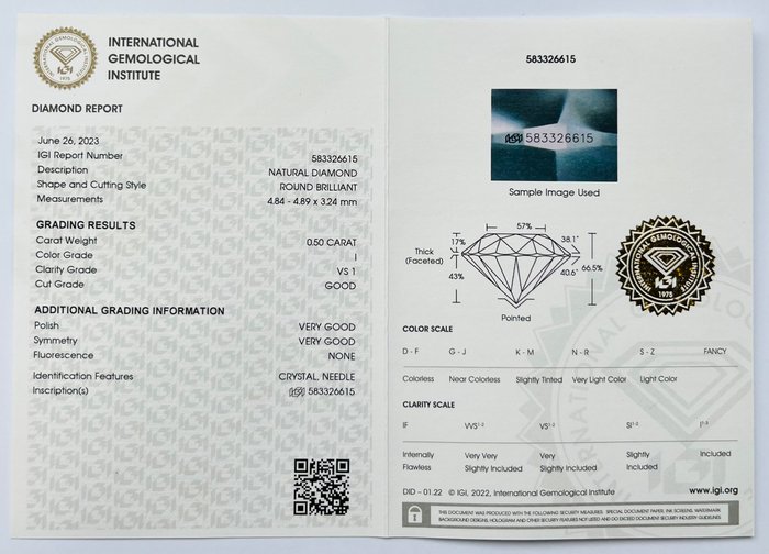 1 pcs Diamant  (Natur)  - 0.50 ct - Rund - I - VS1 - International Gemological Institute (IGI)