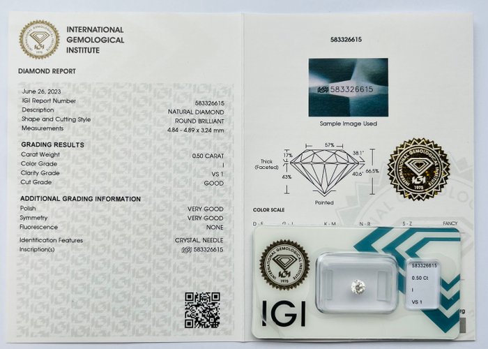 1 pcs Diamant  (Natur)  - 0.50 ct - Rund - I - VS1 - International Gemological Institute (IGI)