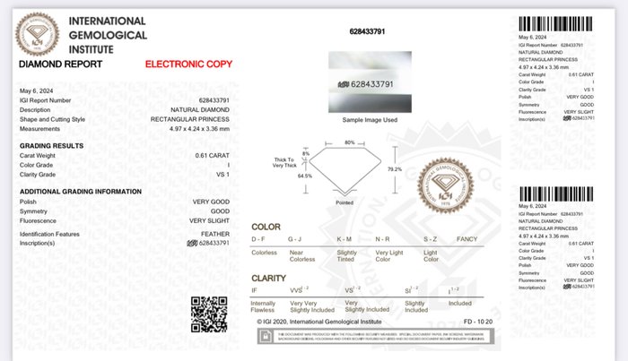 1 pcs Diamant  (Natur)  - 0.61 ct - I - VS1 - International Gemological Institute (IGI)