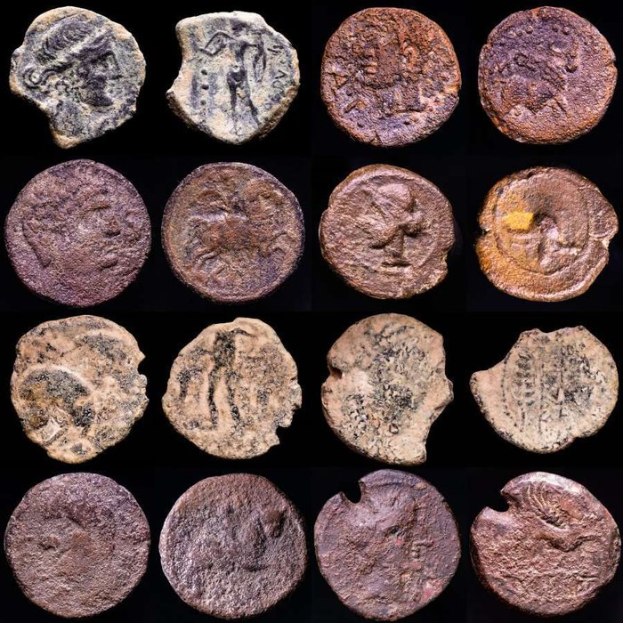 Det gamle Hispania. Lot comprising eight (8) coins, Asses, Semis, Quadrans, Sextans Hispania, Ibero-Roman. Different mints: Corduba, Malaca, Castulo, Semis Republican....  (Ingen mindstepris)