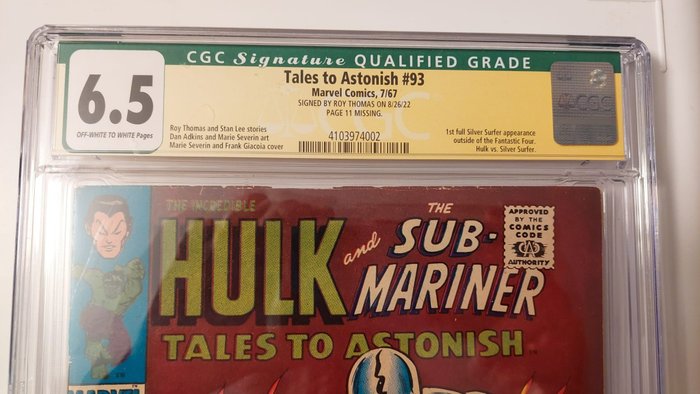 Tales to Astonish #93 - Classic battle of Hulk vs Silver Surfer - Signed by Roy Thomas - 1 Signed graded comic - Første udgave - 1967 - CGC 6.5