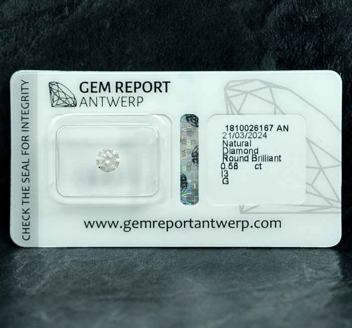 Ingen mindstepris - 1 pcs Diamant  (Natur)  - 0.58 ct - G - I3 - Gem Report Antwerp (GRA)