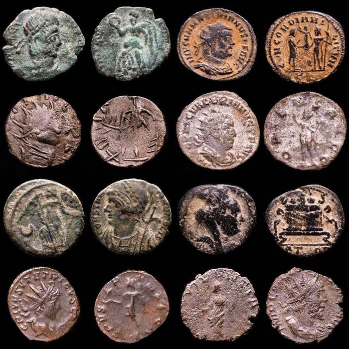 Romarriket. Lot comprising eight (8) AE coins:. Antoninianus, Follis, Maiorinas. Maximinus I, Valerianus I, Tetricus I, Tetricus II (2), Constantinopolis and Constans and Roman  (Ingen mindstepris)