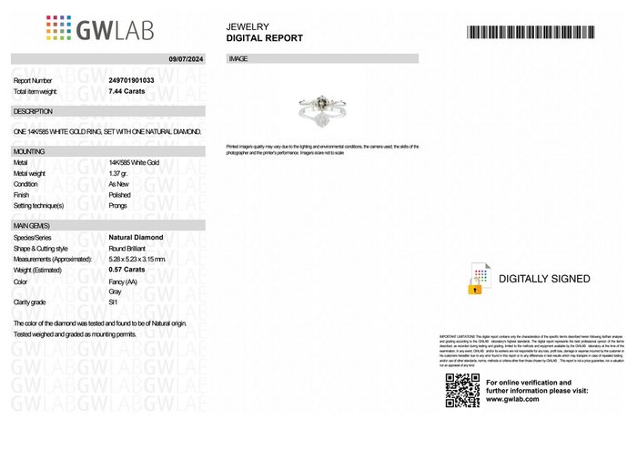 Ingen mindstepris - Ring - 14 karat Hvidguld -  0.57ct. tw. Grå Diamant (Naturfarvet) - GWLab