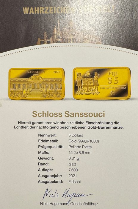 Fiji. 5 Dollars 2021 Schloss Sanssouci, 1/100 Oz (.999) Proof  (Ingen mindstepris)