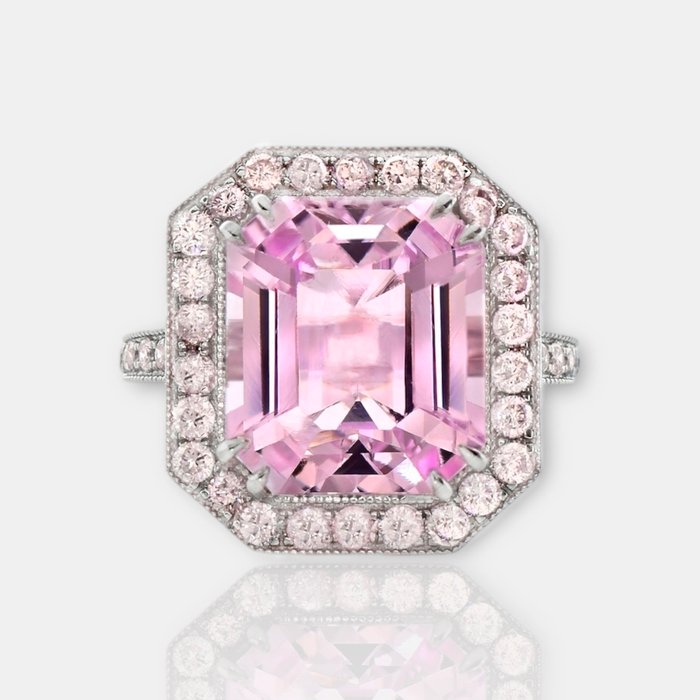 Ingen mindstepris - Ring - 14 karat Hvidguld -  12.74ct. tw. Kunzit - Diamant - IGI 11,75 ct Pink