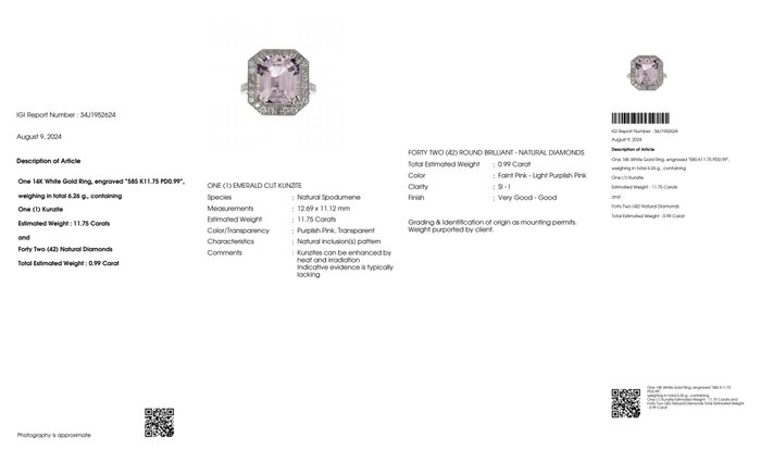 Ingen mindstepris - Ring - 14 karat Hvidguld -  12.74ct. tw. Kunzit - Diamant - IGI 11,75 ct Pink