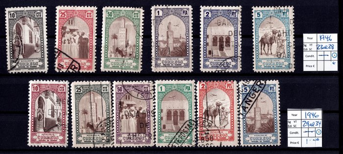 Tanger 1937/1946 - Parti af frimærker og blokke, inkluderer: - 1938 Edifil 144 (MNH) .  1946 Edifil 23 a 28 (CTO).  1946 Edifil 29 a 34 (CTO). Edifil 114he (MNH).