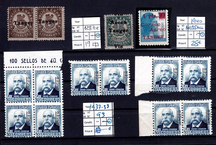 Tanger 1937/1946 - Parti af frimærker og blokke, inkluderer: - 1938 Edifil 144 (MNH) .  1946 Edifil 23 a 28 (CTO).  1946 Edifil 29 a 34 (CTO). Edifil 114he (MNH).