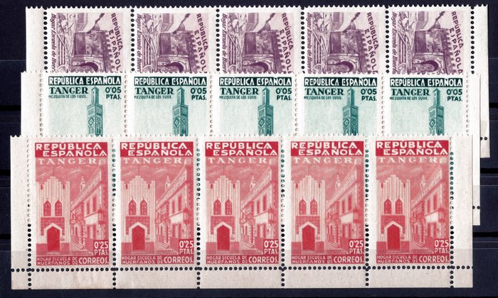 Tanger 1937/1946 - Parti af frimærker og blokke, inkluderer: - 1938 Edifil 144 (MNH) .  1946 Edifil 23 a 28 (CTO).  1946 Edifil 29 a 34 (CTO). Edifil 114he (MNH).