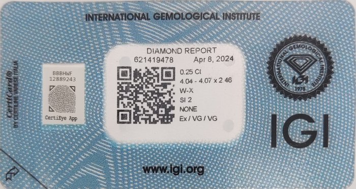 Ingen mindstepris - 1 pcs Diamant  (Natur)  - 025 ct - Rund - SI2 - International Gemological Institute (IGI) - W - X