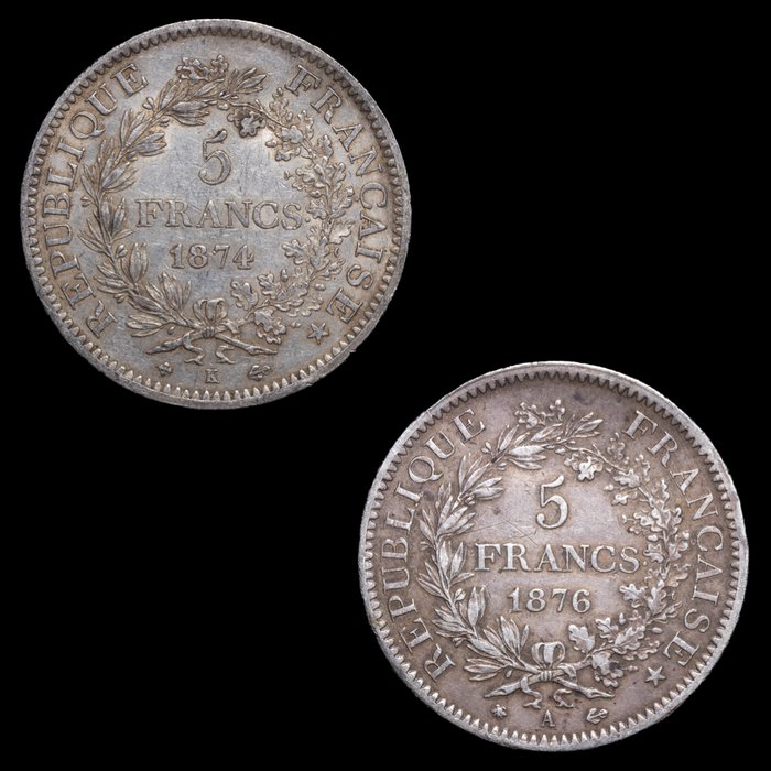 Frankrig. Third Republic (1870-1940). 5 Francs 1874-K y 1876-A (2 monedas)  (Ingen mindstepris)