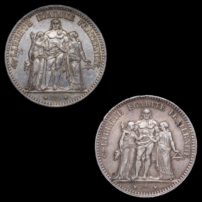 Frankrig. Third Republic (1870-1940). 5 Francs 1874-K y 1876-A (2 monedas)  (Ingen mindstepris)