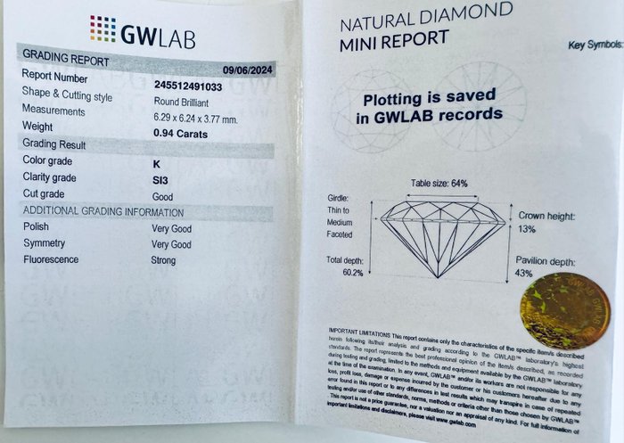 Ingen mindstepris - 1 pcs Diamant  (Natur)  - 0.94 ct - Rund - K - SI3 - Gemewizard Gemological Laboratory (GWLab)