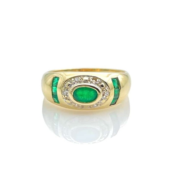 Ring - 14 karat Gulguld -  037ct tw Smaragd - Diamant - Smaragd diamantring