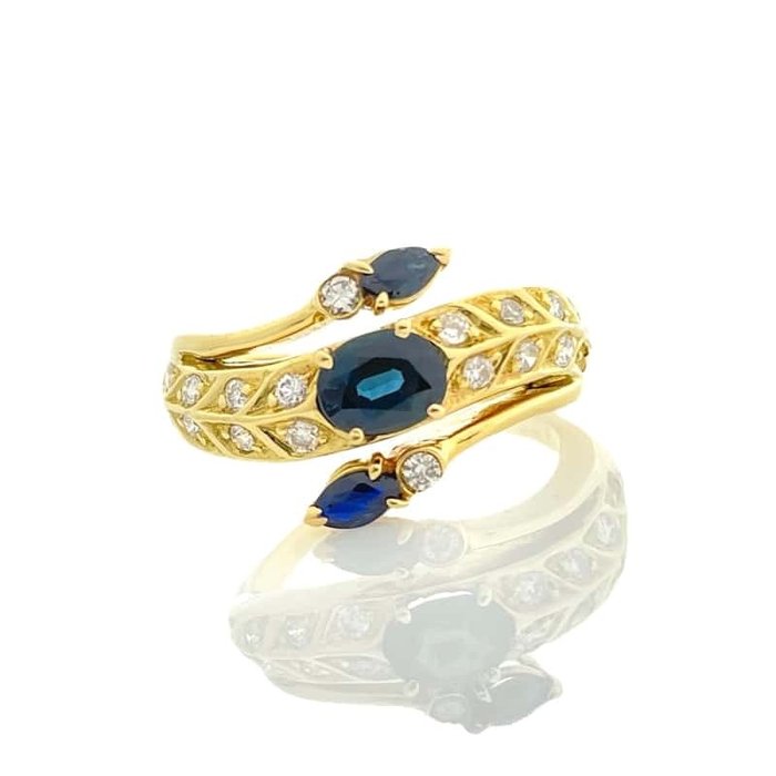 Ring - 14 karat Gulguld -  0.80ct. tw. Safir - Diamant - Blad Safir Diamantring