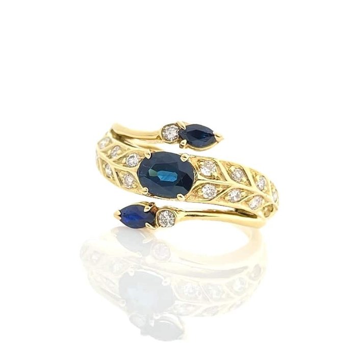 Ring - 14 karat Gulguld -  0.80ct. tw. Safir - Diamant - Blad Safir Diamantring