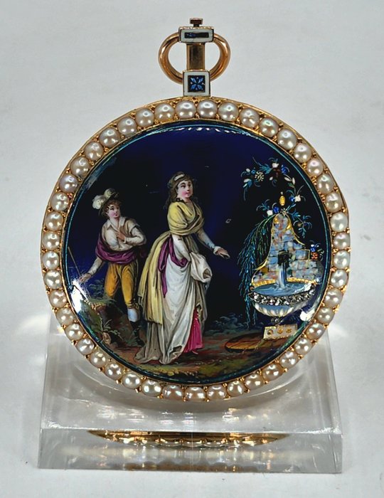 Genève - 18kt. Schmucklepine - Emaille - Perlen - Diamanten - seltener Aufzug - Schweiz omkring 1860