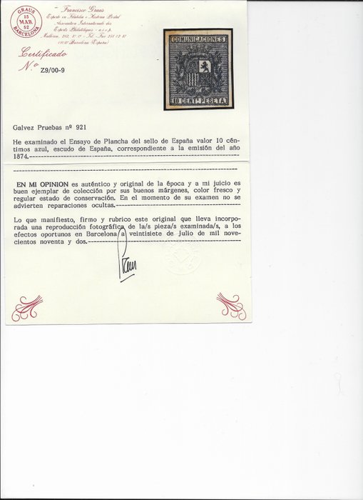 Spanien 1874/1874 - BLÅT PROOF OF EDIFIL SEAL Nº 153 - CATALOGO DE PRUEBAS DE GALVEZ  Nº 921