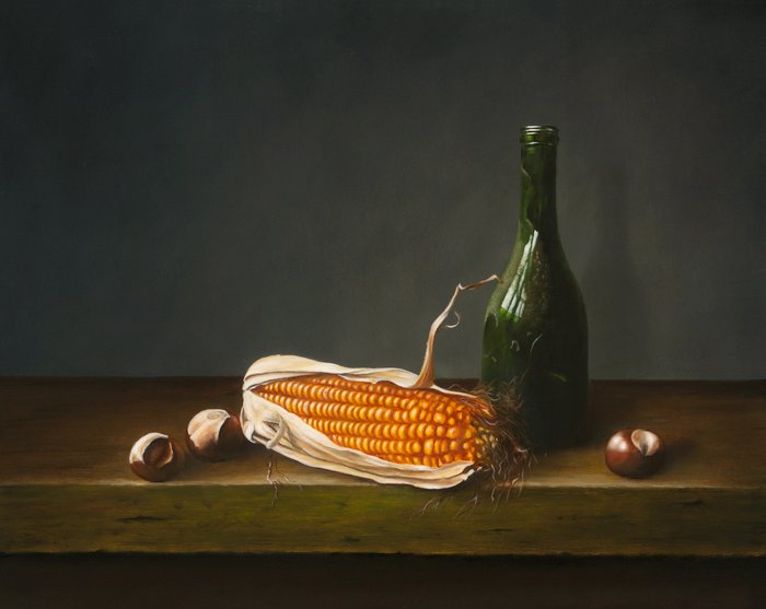 Jan Teunissen - Still life with Bottle chestnuts and corn cob