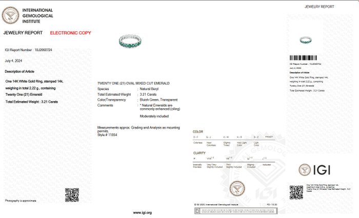 Ingen mindstepris - Ring - 14 karat Hvidguld -  3.21ct. tw. Smaragd - IGI