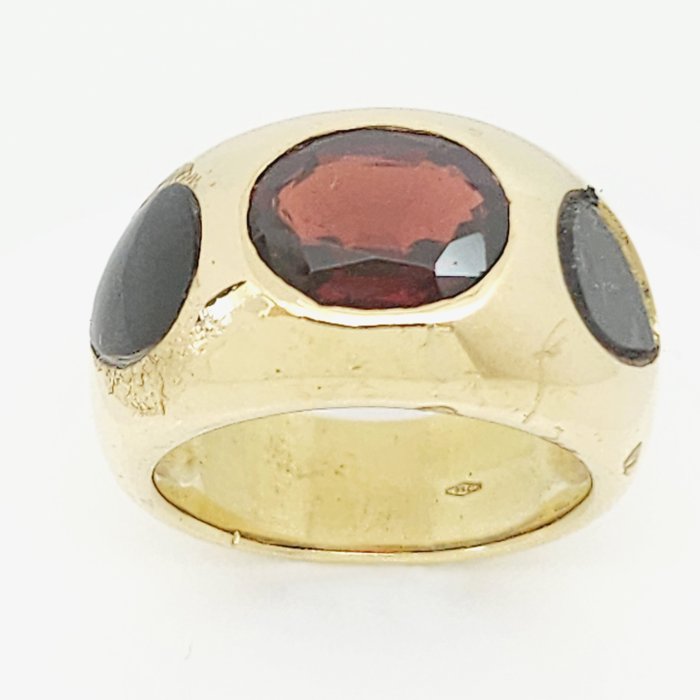 Ring - 18 kraat Gulguld Granat - Onyx