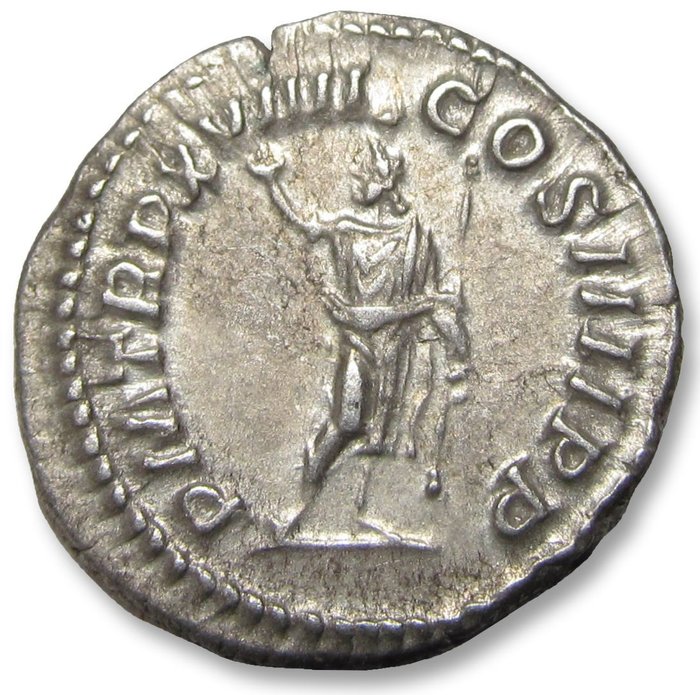 Romarriket. Caracalla (AD 198-217). Denarius Rome mint 216 A.D. - P M TR P XVIIII COS IIII P P, Serapis standing left -