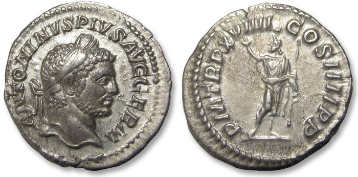 Romarriket. Caracalla (AD 198-217). Denarius Rome mint 216 A.D. - P M TR P XVIIII COS IIII P P, Serapis standing left -