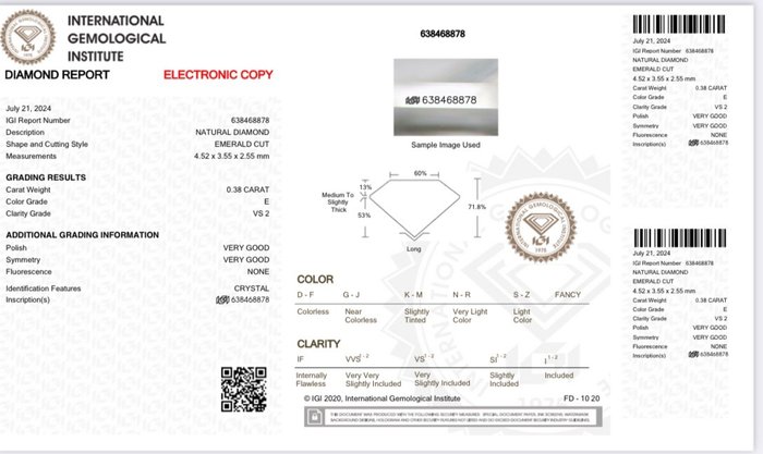 1 pcs Diamant  (Natur)  - 0.38 ct - Smaragd - E - VS2 - International Gemological Institute (IGI)