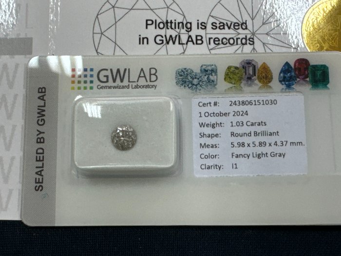 Ingen mindstepris - 1 pcs Diamant  (Naturfarvet)  - 1.03 ct - Rund - Fancy light Grå - I1 - Gemewizard Gemological Laboratory (GWLab)