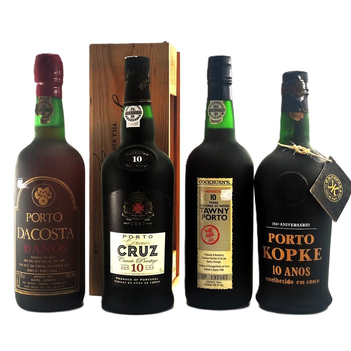 4 Porto Wine Bottles: Porto Dacosta 10 Years + Porto Cruz 10 Years + Cockburn´s 10 Years + Kopke 10 - Colheita Port -  Douro  - 4 Flaske (0,75L)