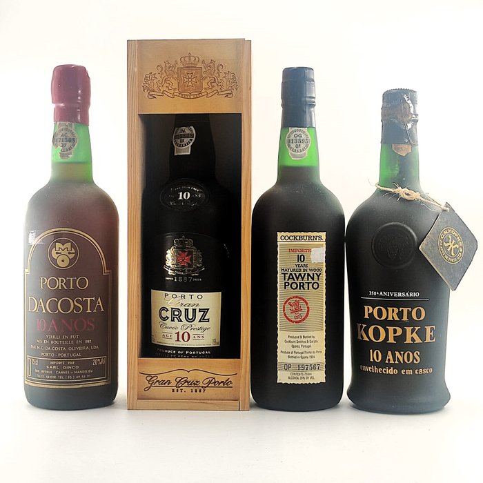 4 Porto Wine Bottles: Porto Dacosta 10 Years + Porto Cruz 10 Years + Cockburn´s 10 Years + Kopke 10 - Colheita Port -  Douro  - 4 Flaske (0,75L)