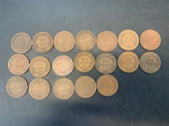 Australien A Lot of 19x Austrialian Large Pennies 1911-1934  (Ingen mindstepris)