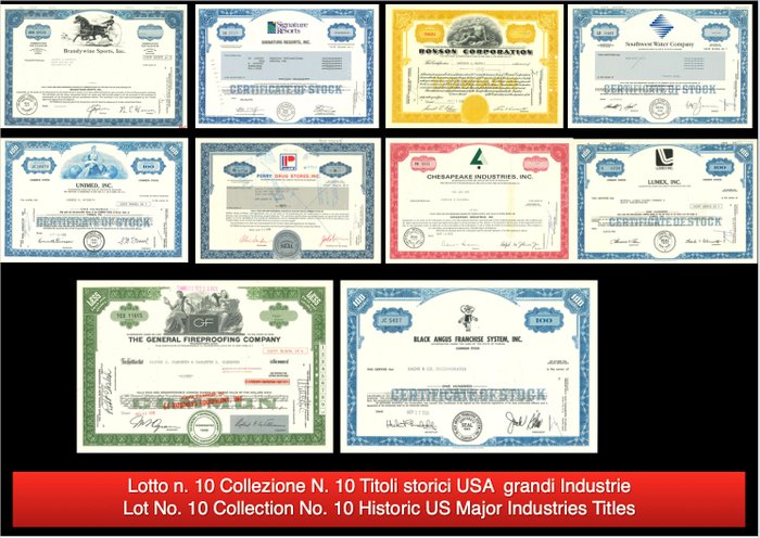 Förenta staterna. - 10 Bonds and Shares - Varie Date - Lotto n. 10 Collezione N. 10 Titoli storici USA grandi Industrie (Black Angus,  (Ingen mindstepris)