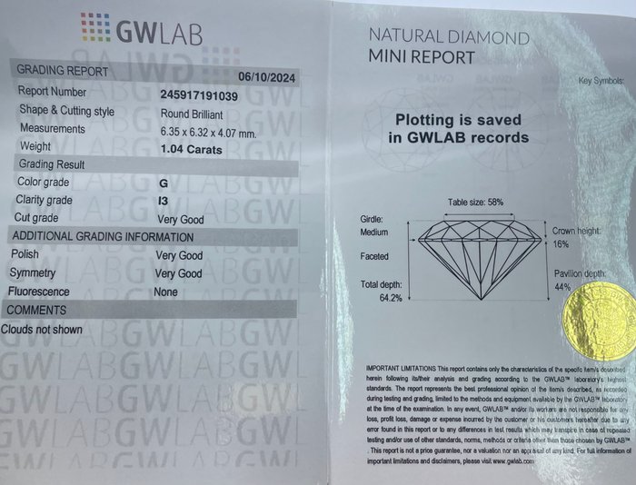 Ingen mindstepris - 1 pcs Diamant  (Natur)  - 1.04 ct - Rund - G - I3 - Gemewizard Gemological Laboratory (GWLab)