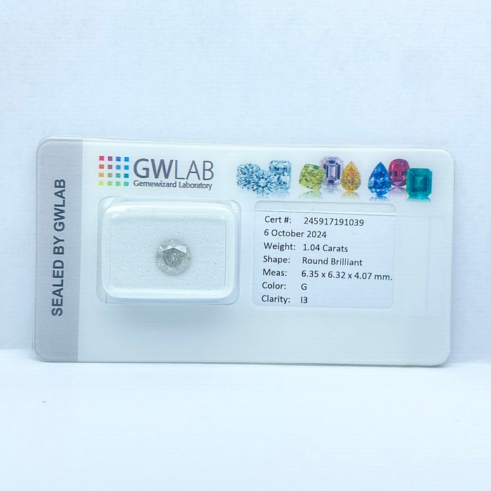 Ingen mindstepris - 1 pcs Diamant  (Natur)  - 1.04 ct - Rund - G - I3 - Gemewizard Gemological Laboratory (GWLab)