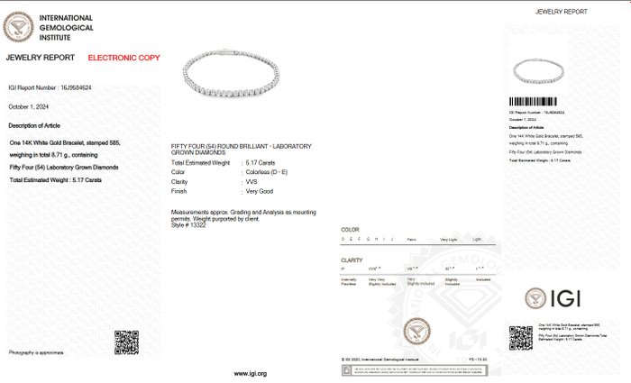 Ingen mindstepris - Tennisarmbånd - 14 karat Hvidguld -  5.17ct. tw. Diamant (Laboratoriedyrket) - D-E VVS IGI CERTIFICERT